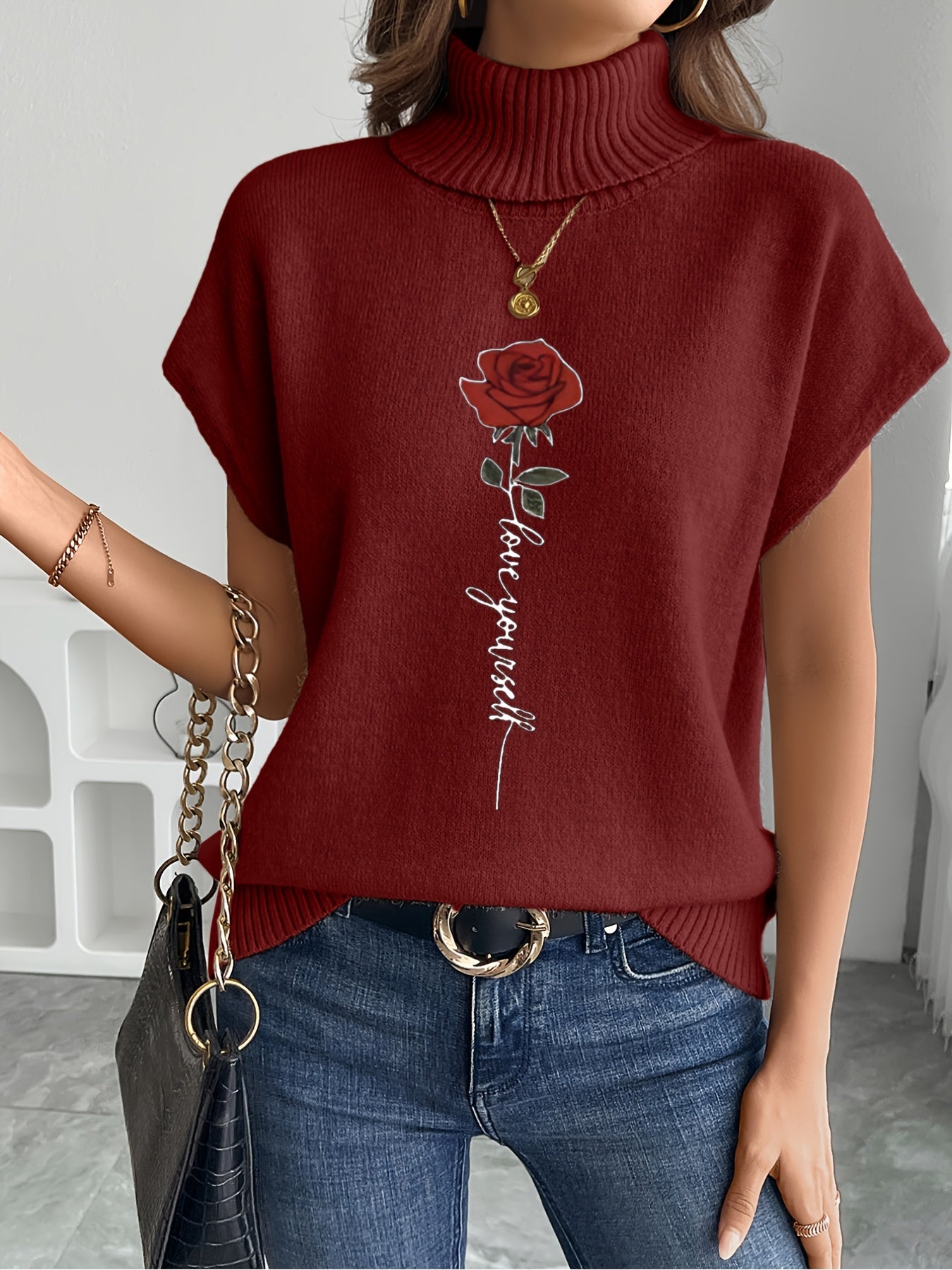 Women's Casual Rose Print Sleeveless Knit Vest - Elegant Beige Sweater with High Neckline and Stretchy Fabric, Perfect for Spring/Summer/Fall